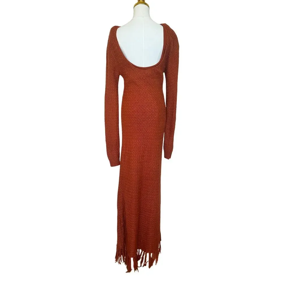 Pamela Love Clay Brown Crochet Maxi Dress LARGE Sweater Fringe Designer $395 - Picture 11 of 13